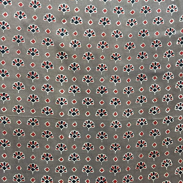Modal Silk Ajrakh Brown Floral Hand Block Printed Fabric