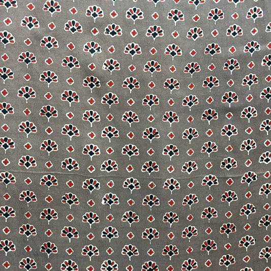 Modal Silk Ajrakh Brown Floral Hand Block Printed Fabric