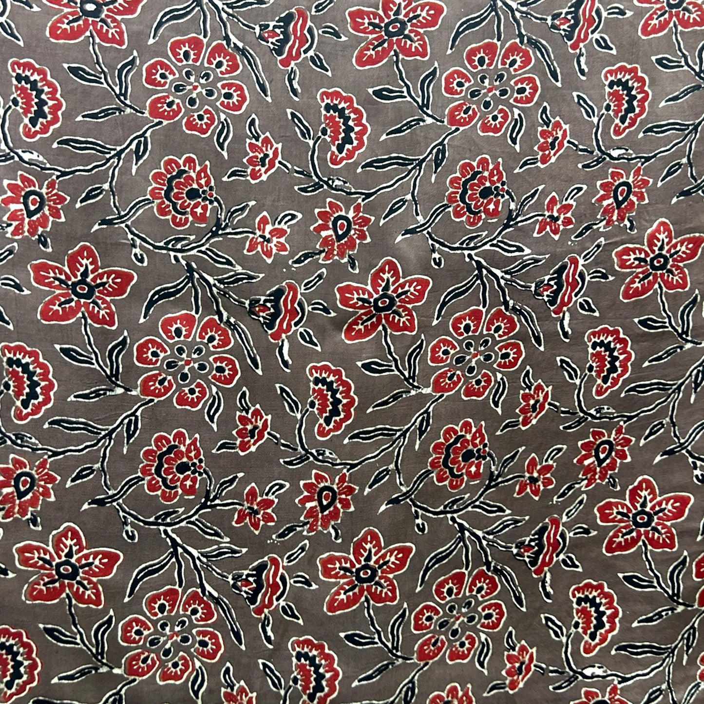 Modal Silk Ajrakh Brown Floral Hand Block Printed Fabric