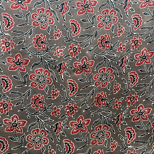 Modal Silk Ajrakh Brown Floral Hand Block Printed Fabric