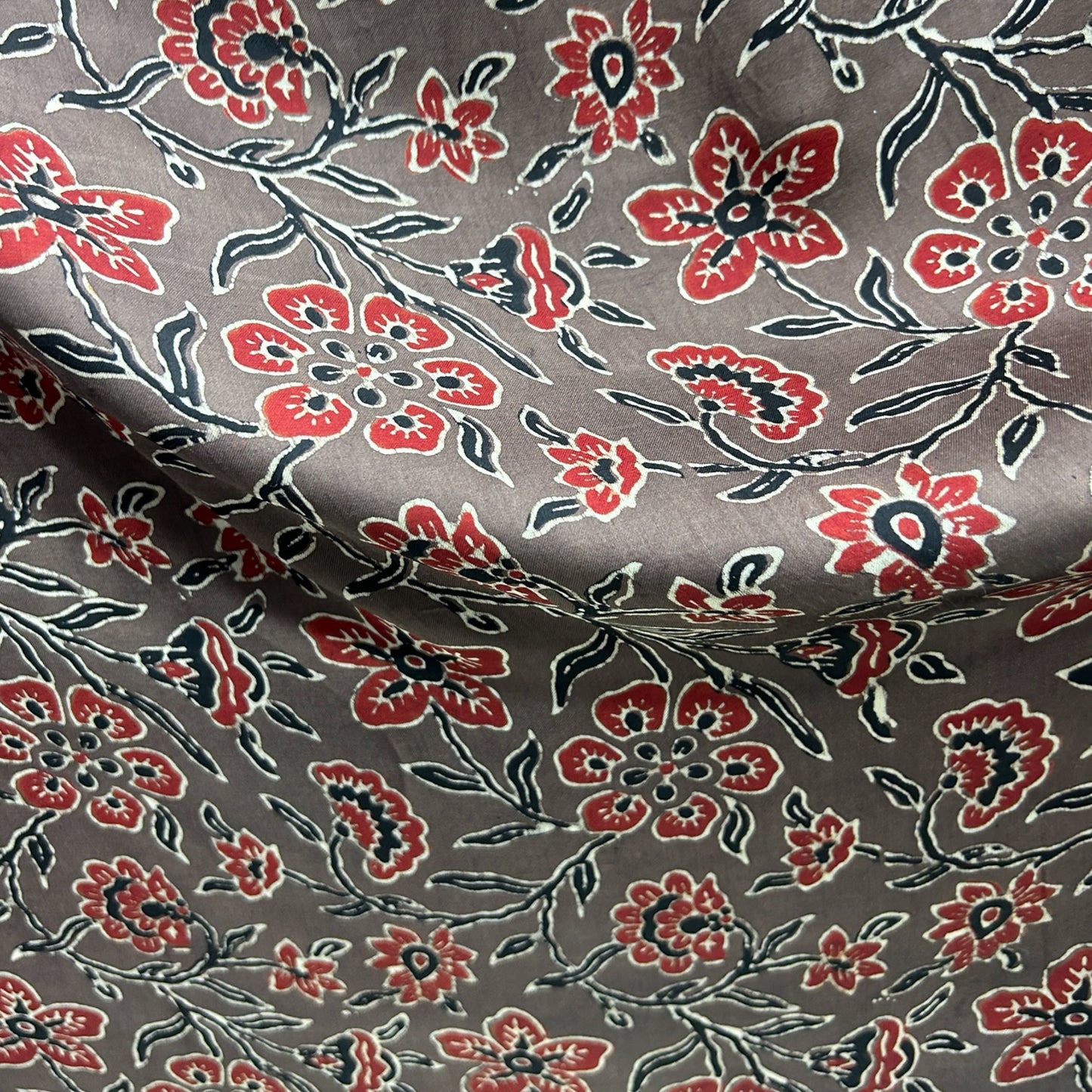 Modal Silk Ajrakh Brown Floral Hand Block Printed Fabric