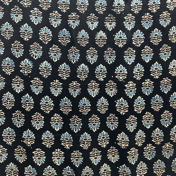 Modal Silk Ajrakh Black Floral Hand Block Printed Fabric