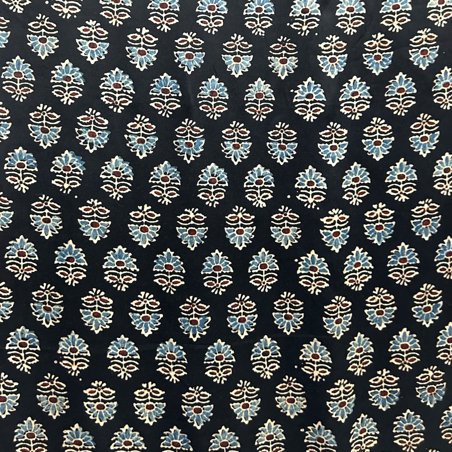 Modal Silk Ajrakh Black Floral Hand Block Printed Fabric