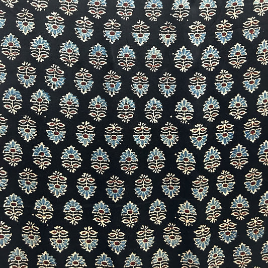 Modal Silk Ajrakh Black Floral Hand Block Printed Fabric