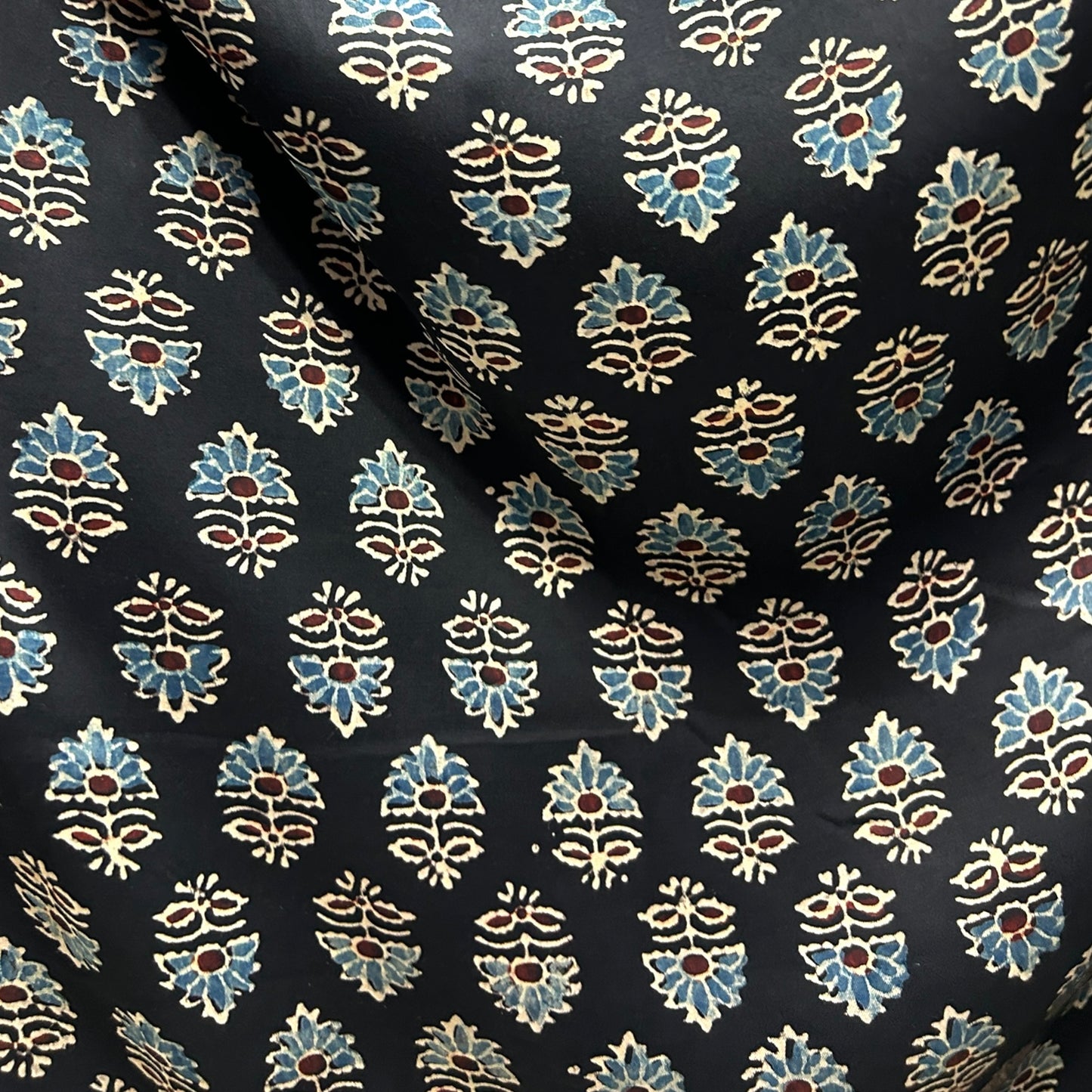 Modal Silk Ajrakh Black Floral Hand Block Printed Fabric