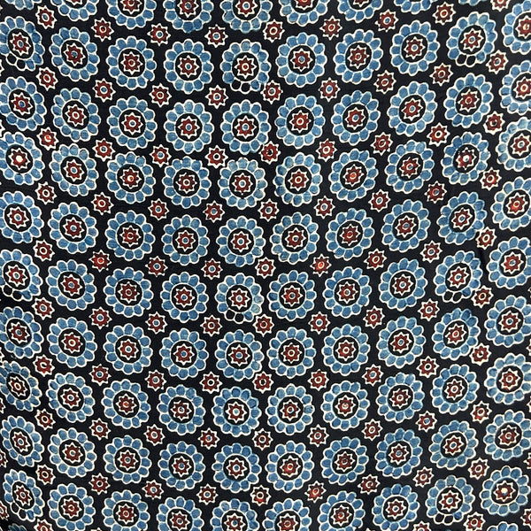 Modal Silk Ajrakh Black Floral Hand Block Printed Fabric