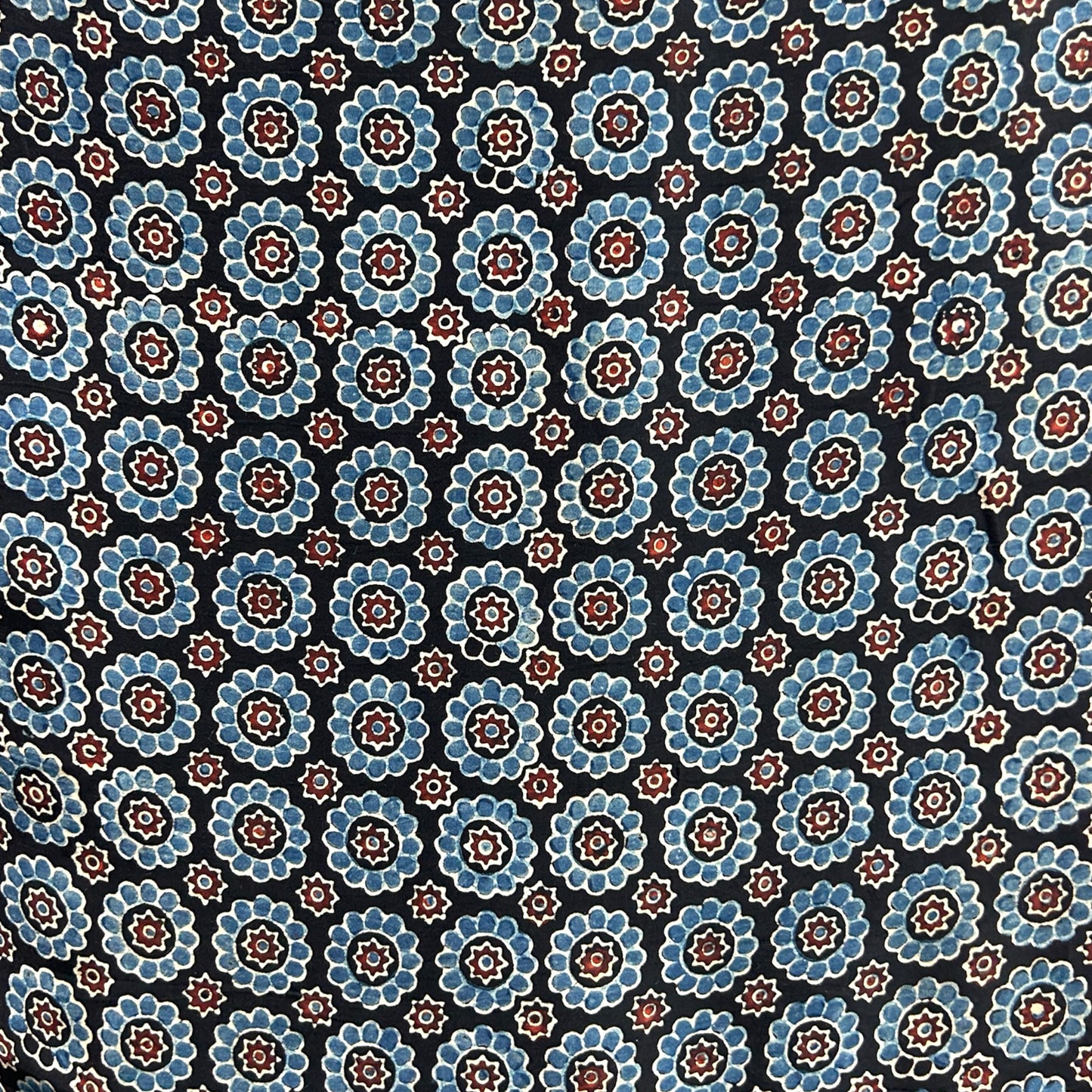 Modal Silk Ajrakh Black Floral Hand Block Printed Fabric