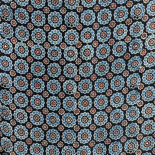 Modal Silk Ajrakh Black Floral Hand Block Printed Fabric