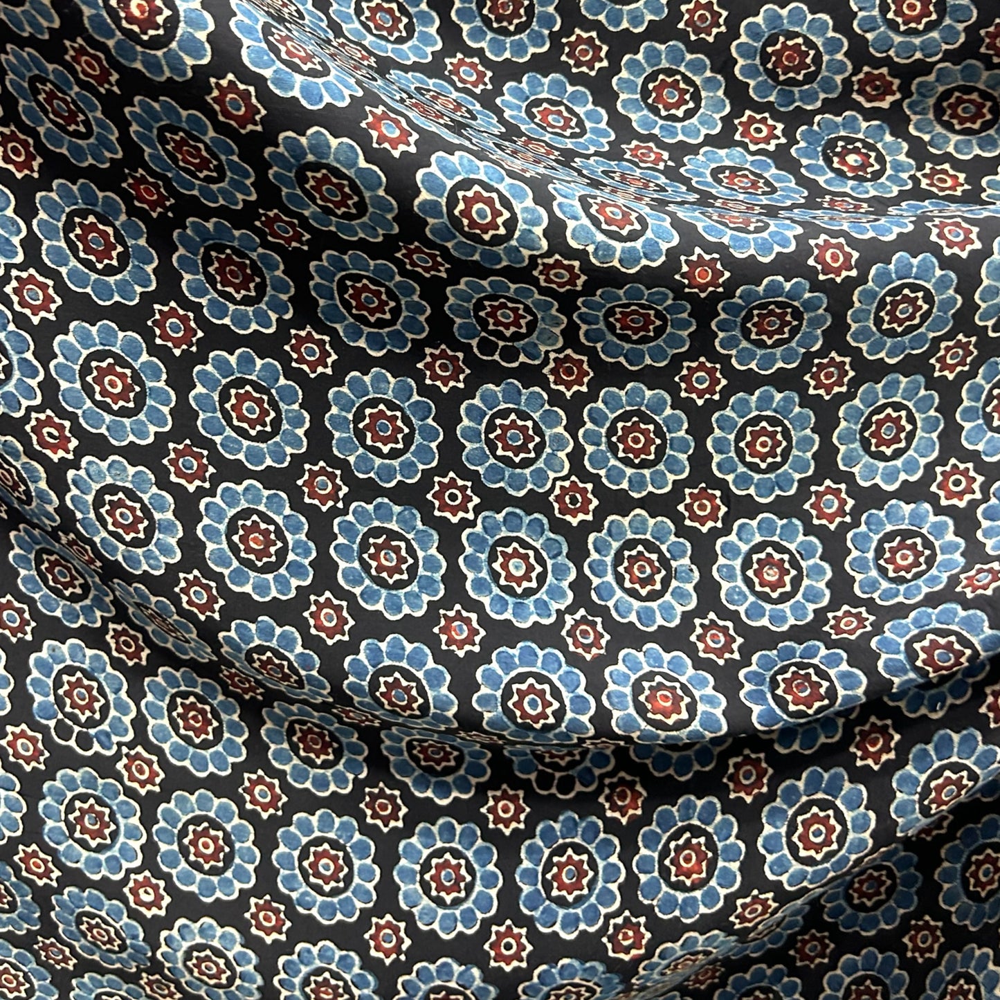 Modal Silk Ajrakh Black Floral Hand Block Printed Fabric