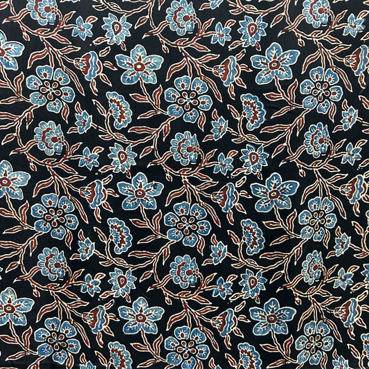 Modal Silk Ajrakh Black Floral Hand Block Printed Fabric