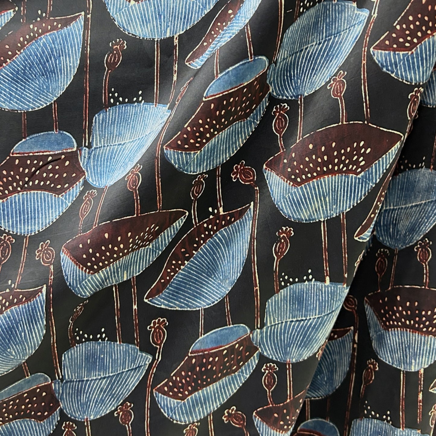 Modal Silk Ajrakh Black Floral Hand Block Printed Fabric