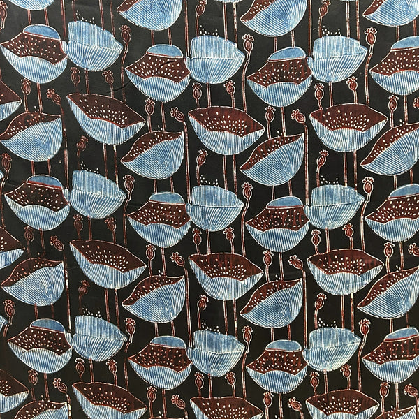Modal Silk Ajrakh Black Floral Hand Block Printed Fabric