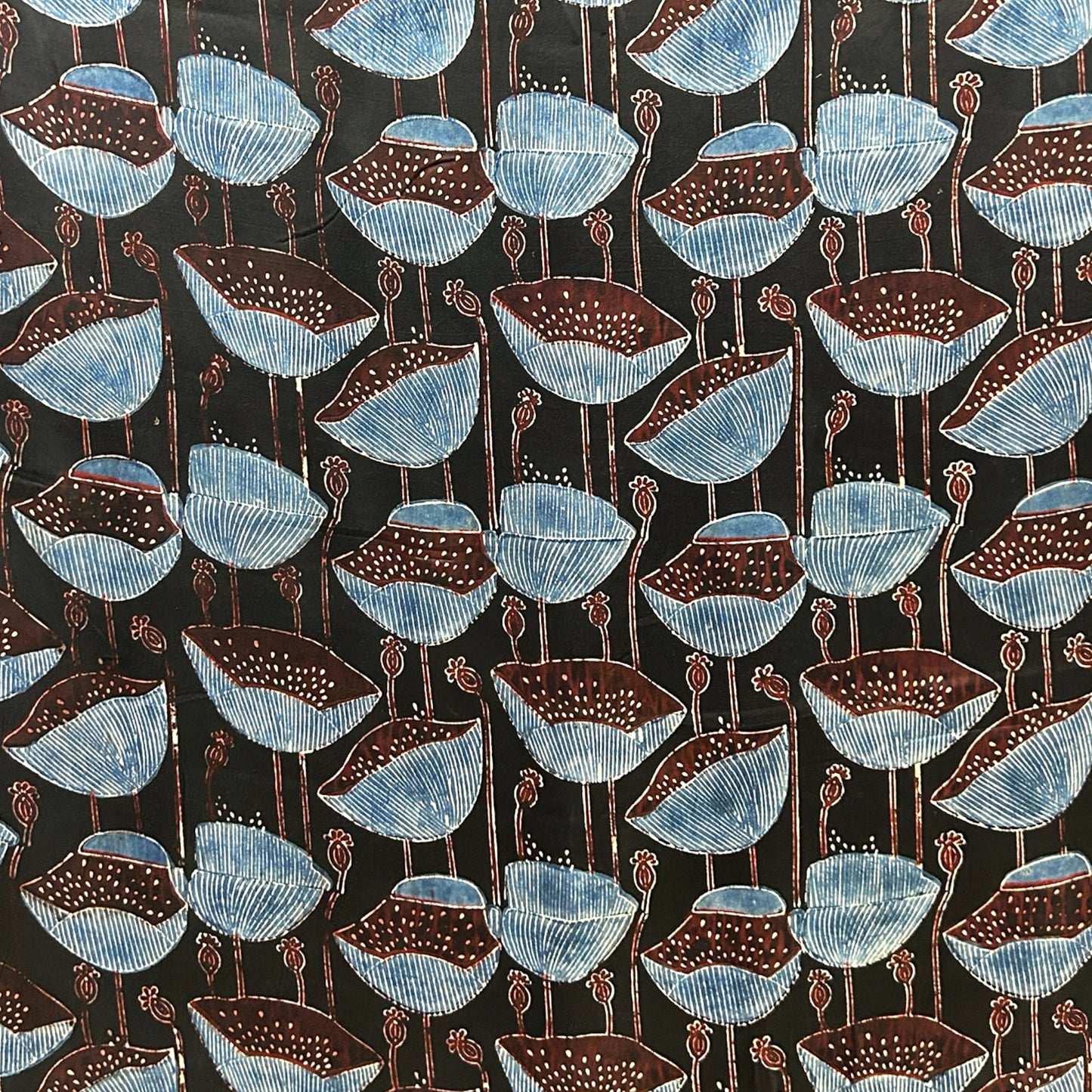 Modal Silk Ajrakh Black Floral Hand Block Printed Fabric