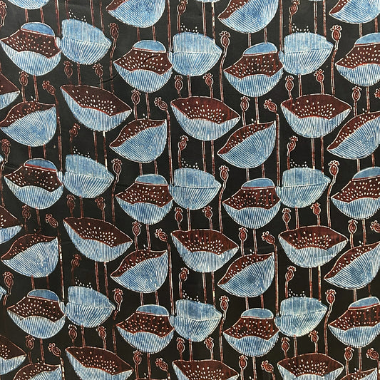Modal Silk Ajrakh Black Floral Hand Block Printed Fabric