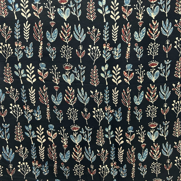 Modal Silk Ajrakh Black Floral Hand Block Printed Fabric