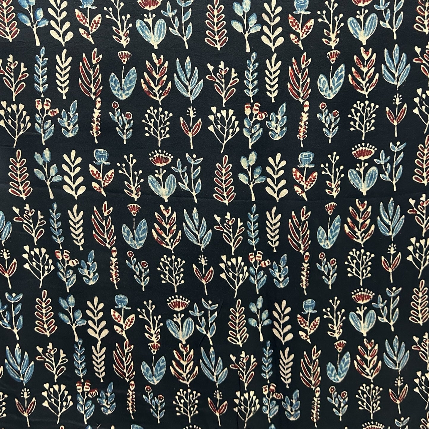 Modal Silk Ajrakh Black Floral Hand Block Printed Fabric