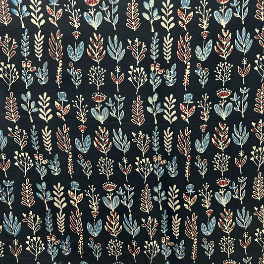 Modal Silk Ajrakh Black Floral Hand Block Printed Fabric