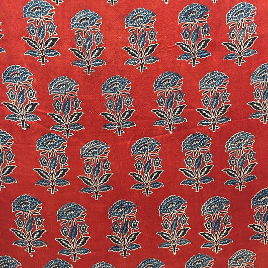 Modal Silk Ajrakh Red Floral Hand Block Printed Fabric
