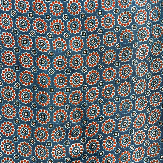 Modal Silk Ajrakh Blue Floral Hand Block Printed Fabric