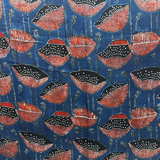 Modal Silk Ajrakh Blue Floral Hand Block Printed Fabric