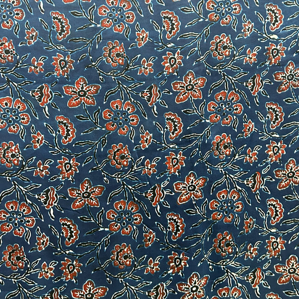 Modal Silk Ajrakh Blue Floral Hand Block Printed Fabric