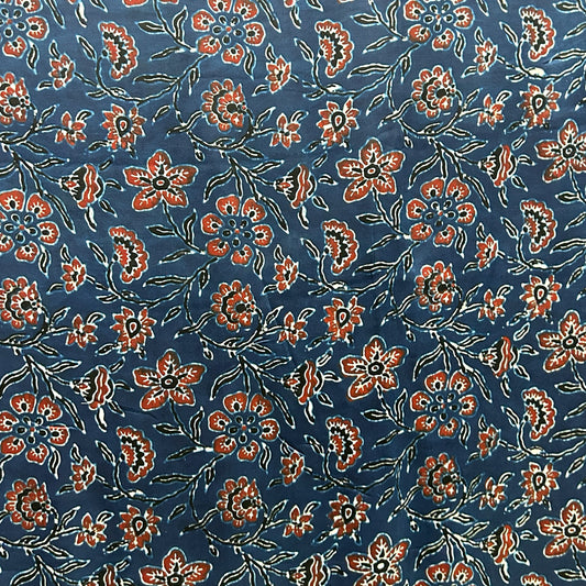 Modal Silk Ajrakh Blue Floral Hand Block Printed Fabric
