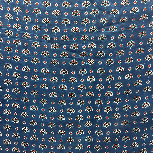 Modal Silk Ajrakh Blue Floral Hand Block Printed Fabric