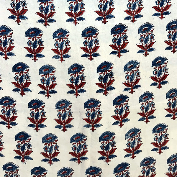 Modal Silk Ajrakh Cream Floral Hand Block Printed Fabric