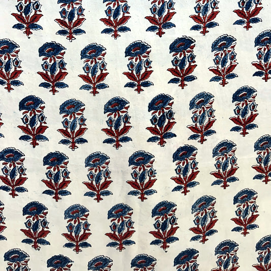 Modal Silk Ajrakh Cream Floral Hand Block Printed Fabric
