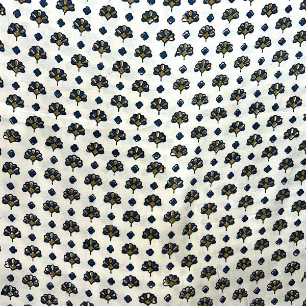 Modal Silk Ajrakh Cream Floral Hand Block Printed Fabric