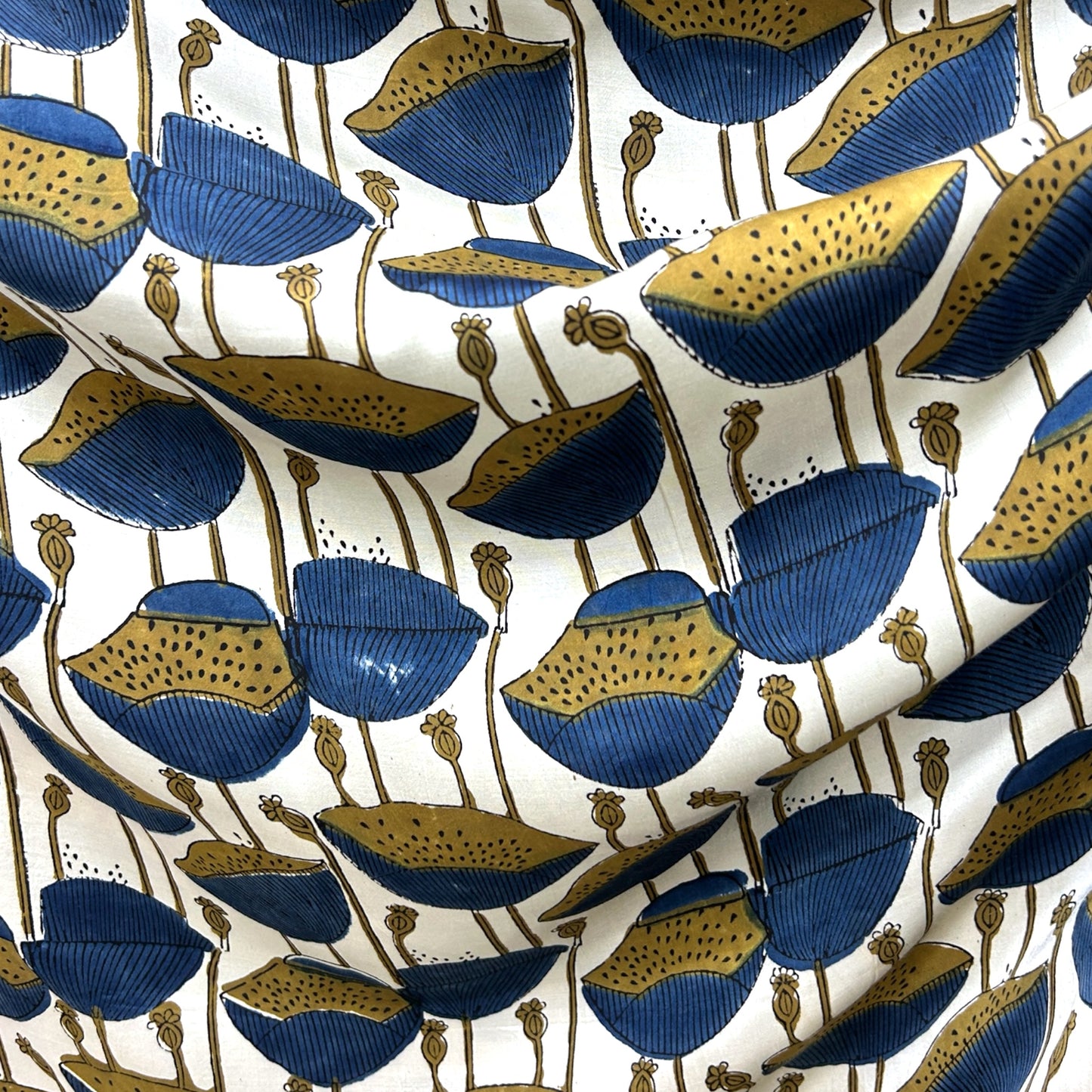 Modal Silk Ajrakh Cream Floral Hand Block Printed Fabric