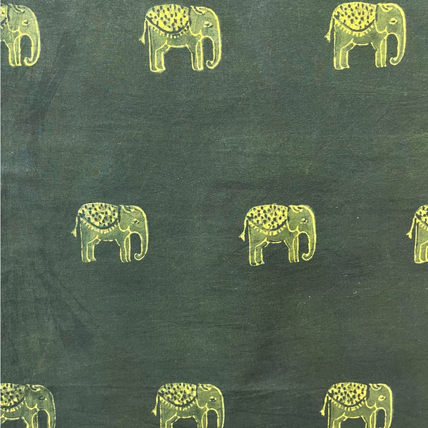 Dabu Green Elephant Hand Block Printed Fabric