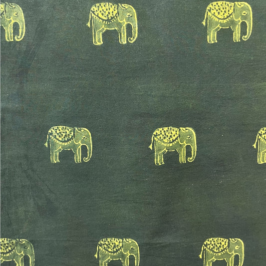 Dabu Green Elephant Hand Block Printed Fabric