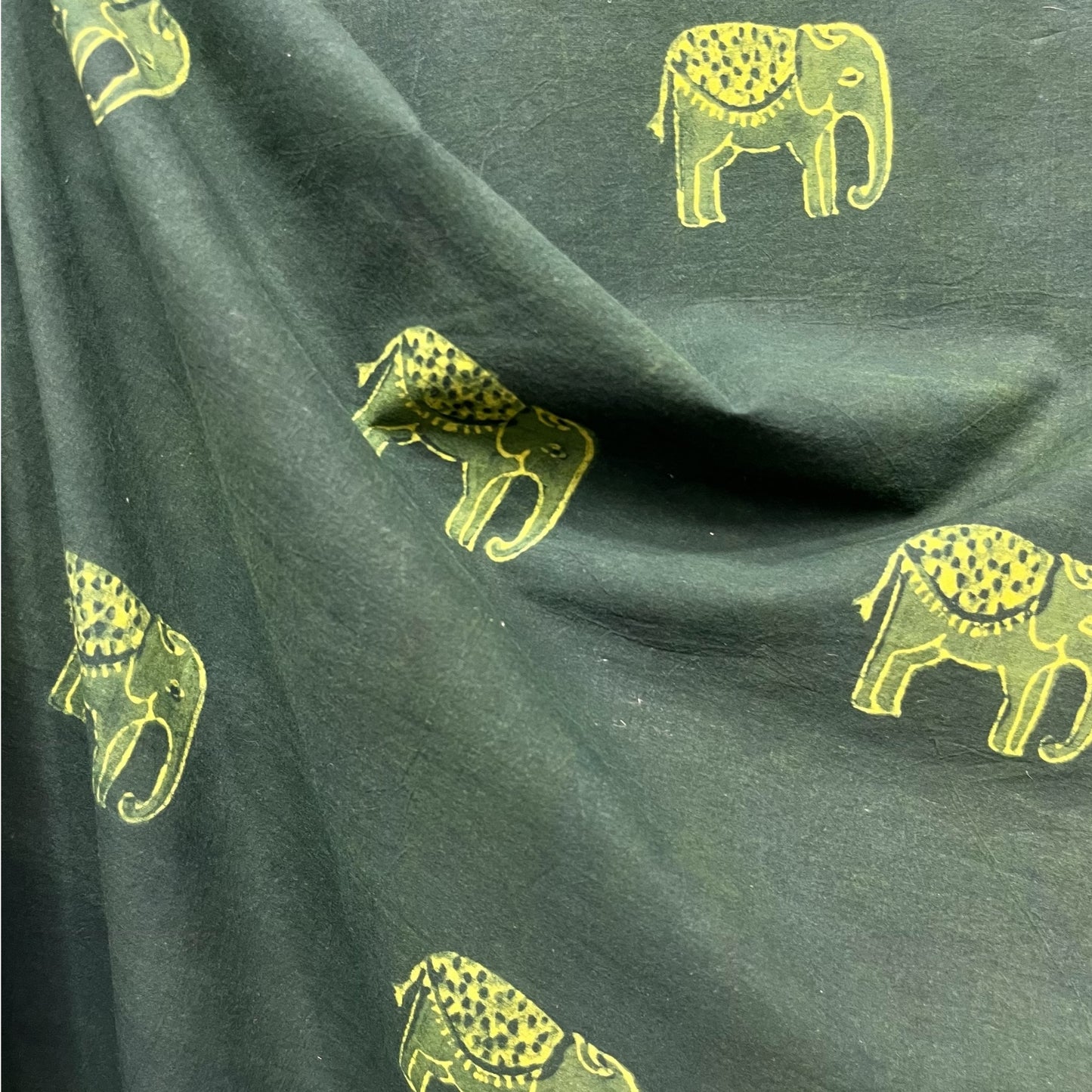 Dabu Green Elephant Hand Block Printed Fabric