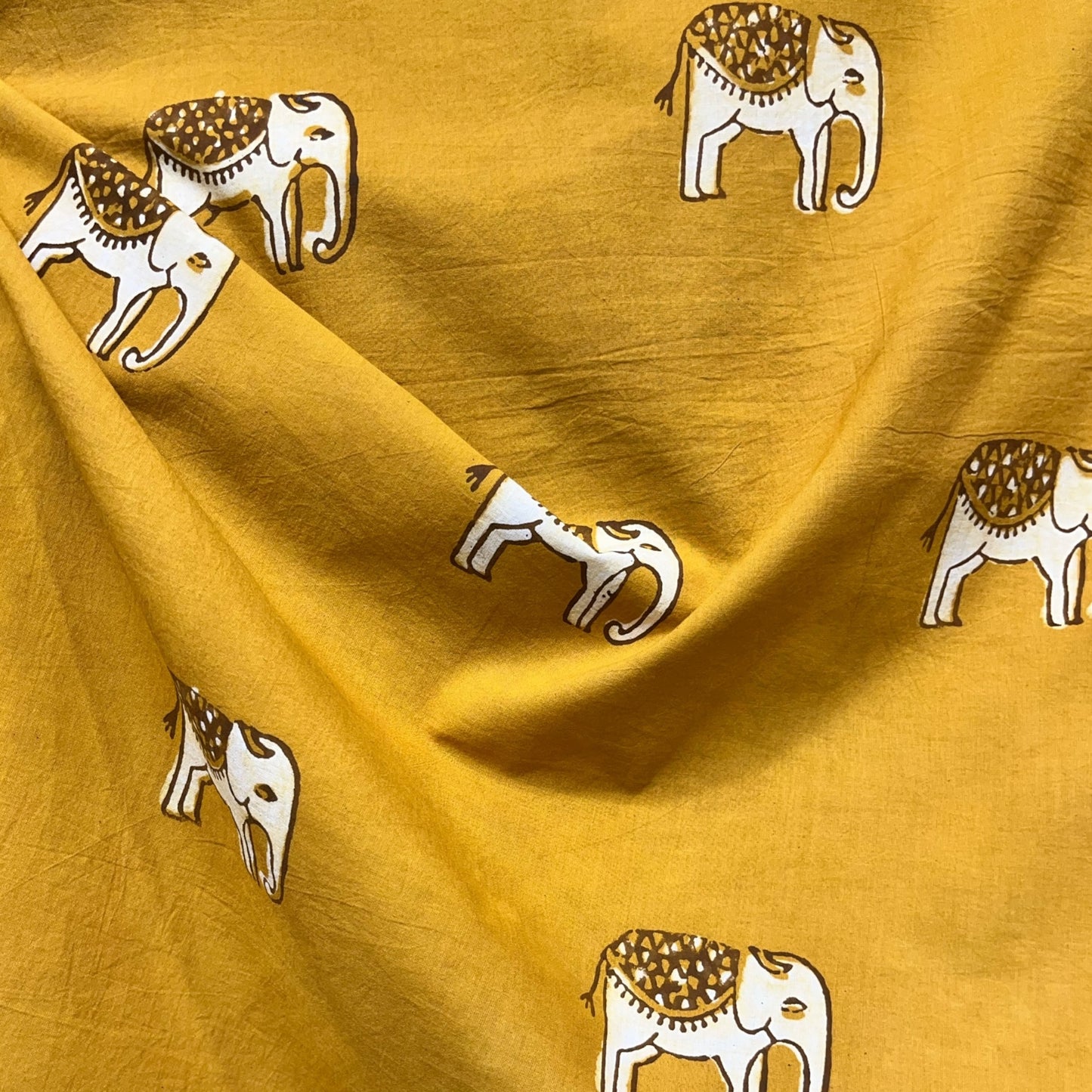 Dabu Yellow Elephant Motif Hand Block Printed Fabric