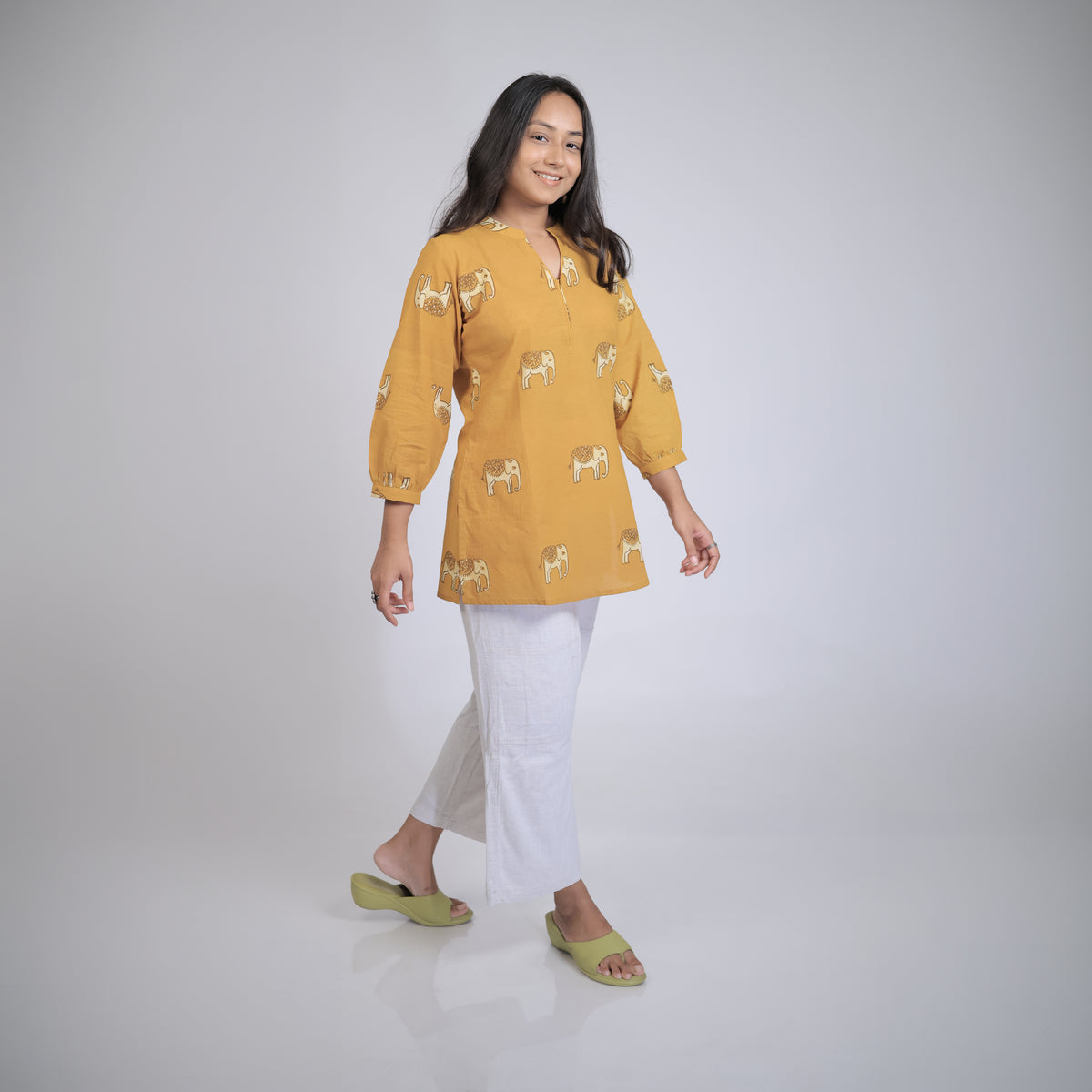 Dabu Yellow Elephat Motif Hand Block Printed Tunic