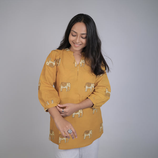Dabu Yellow Elephat Motif Hand Block Printed Tunic