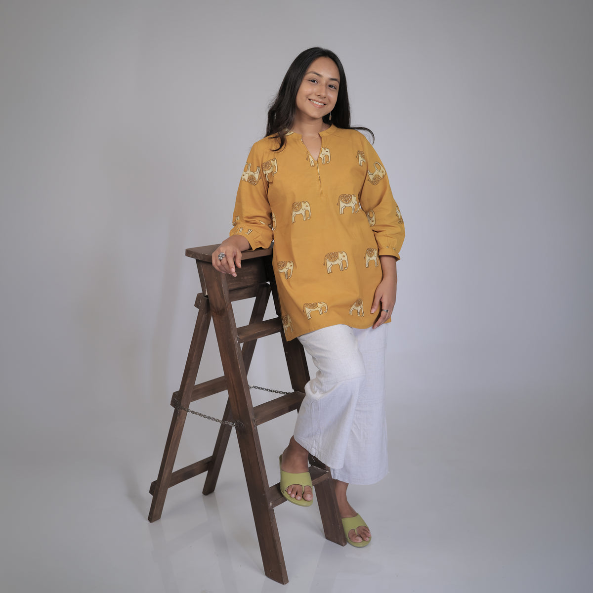 Dabu Yellow Elephat Motif Hand Block Printed Tunic