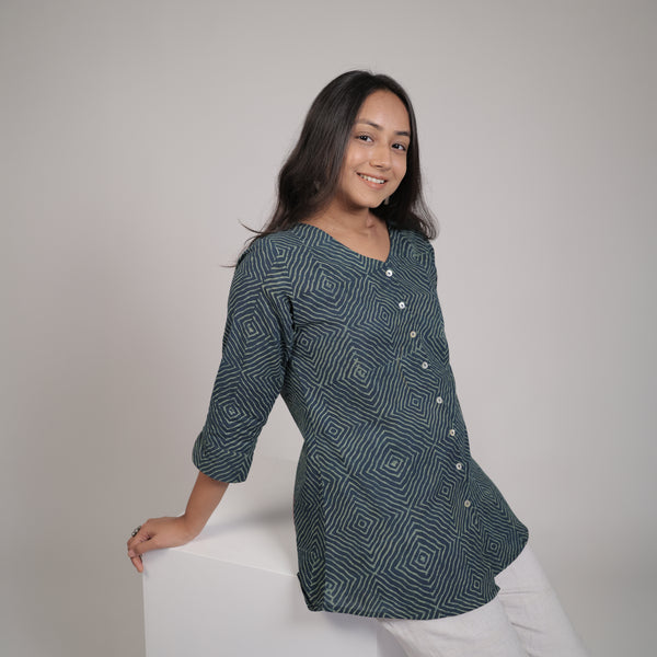 Turquoise Dabu Geometric Hand Block Printed Tunic