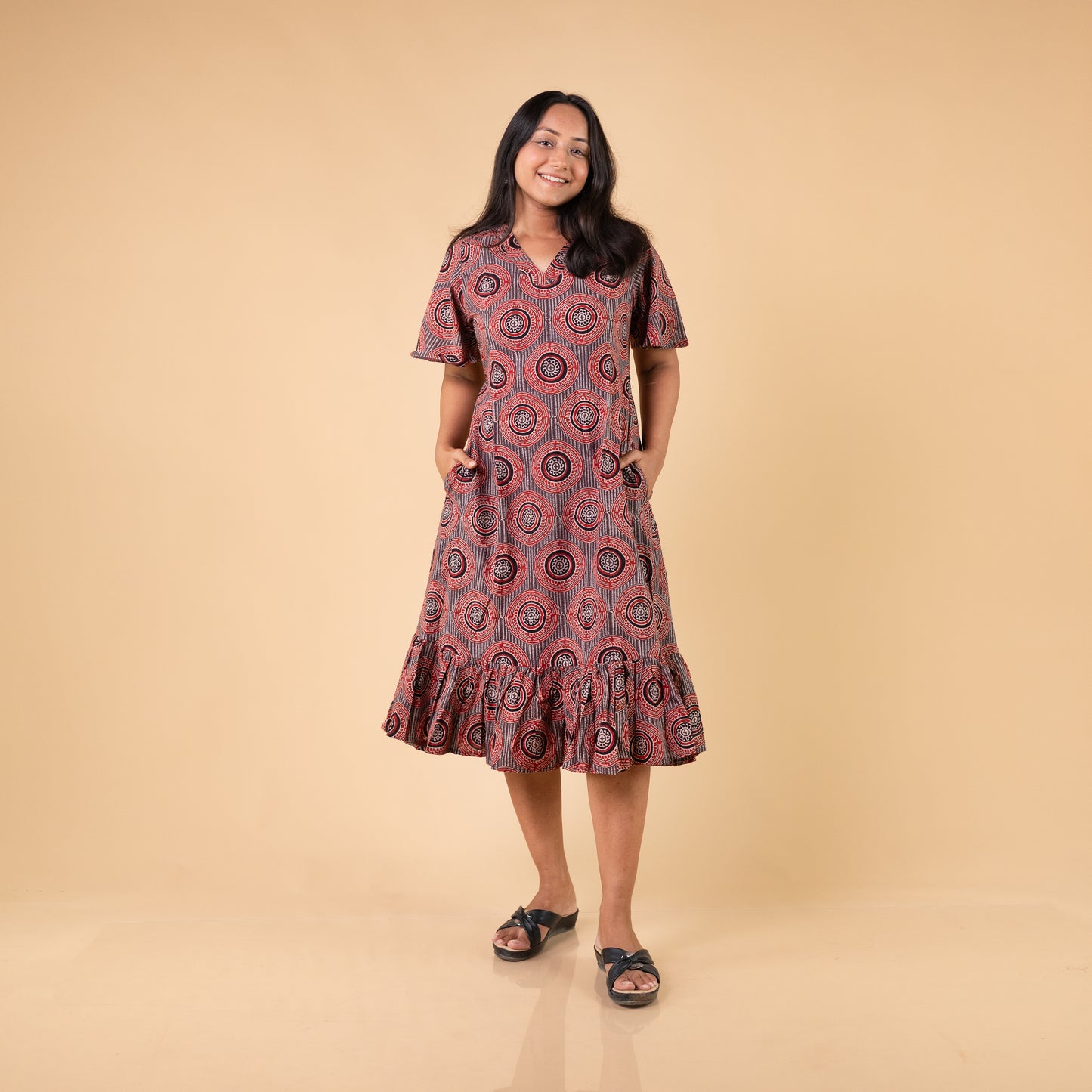 Ajrakh Brown Geometric Hand Block Printed Dress