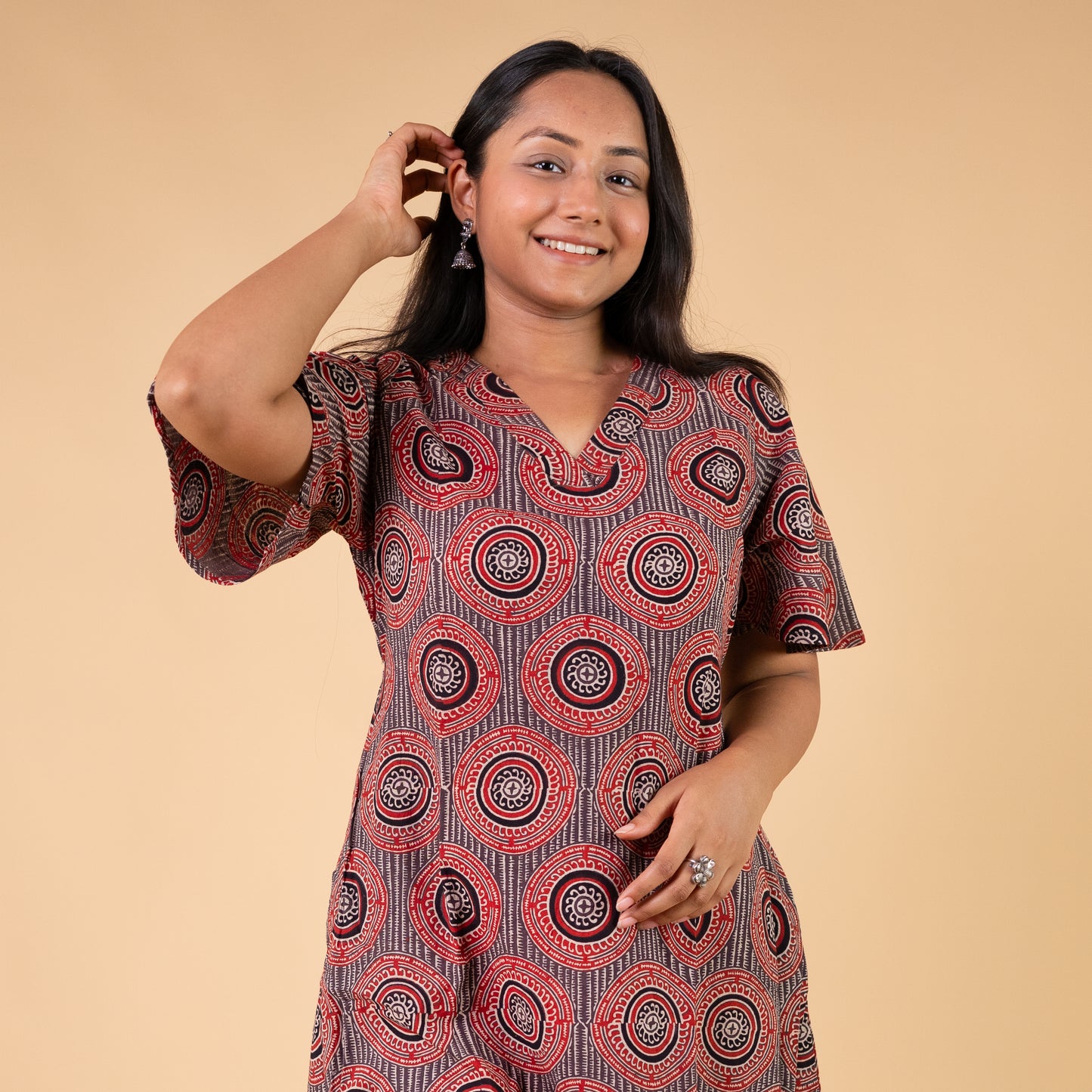Ajrakh Brown Geometric Hand Block Printed Dress
