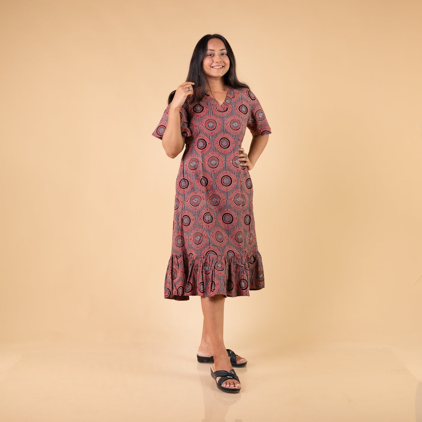 Ajrakh Brown Geometric Hand Block Printed Dress