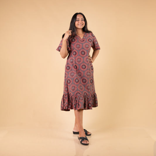 Ajrakh Brown Geometric Hand Block Printed Dress