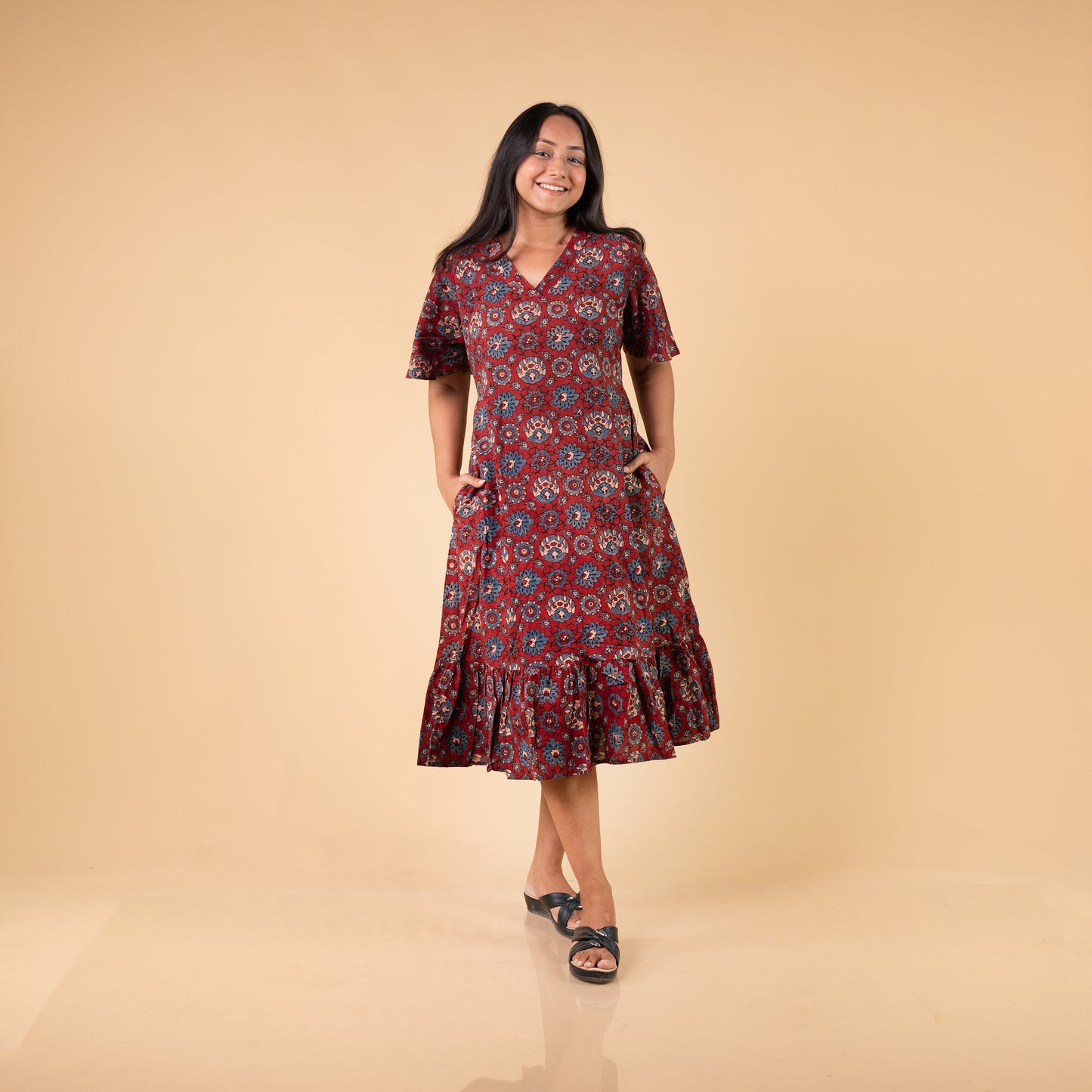 Ajrakh Red Geometric Hand Block Printed Dress
