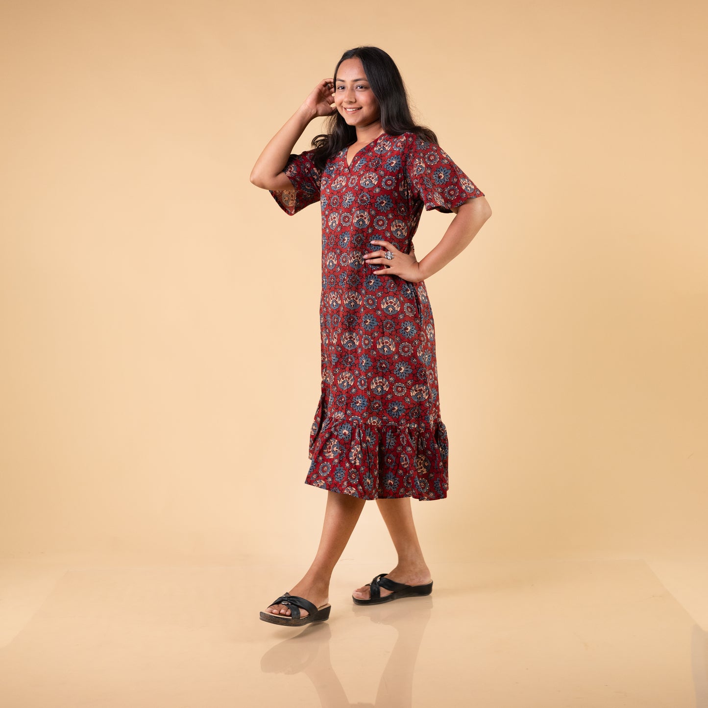 Ajrakh Red Geometric Hand Block Printed Dress