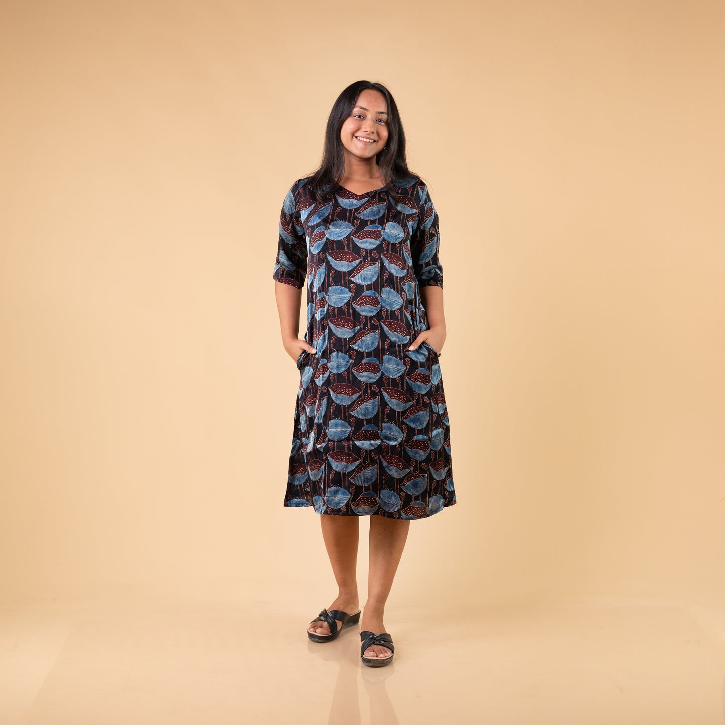 Ajrakh Black Modal Silk Hand Block Printed Dress
