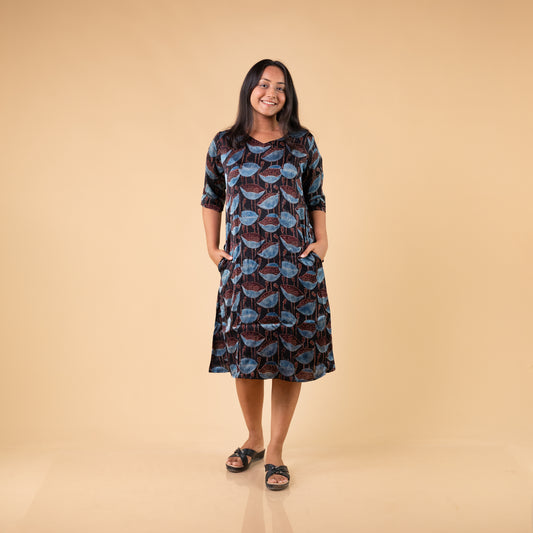 Ajrakh Black Modal Silk Hand Block Printed Dress