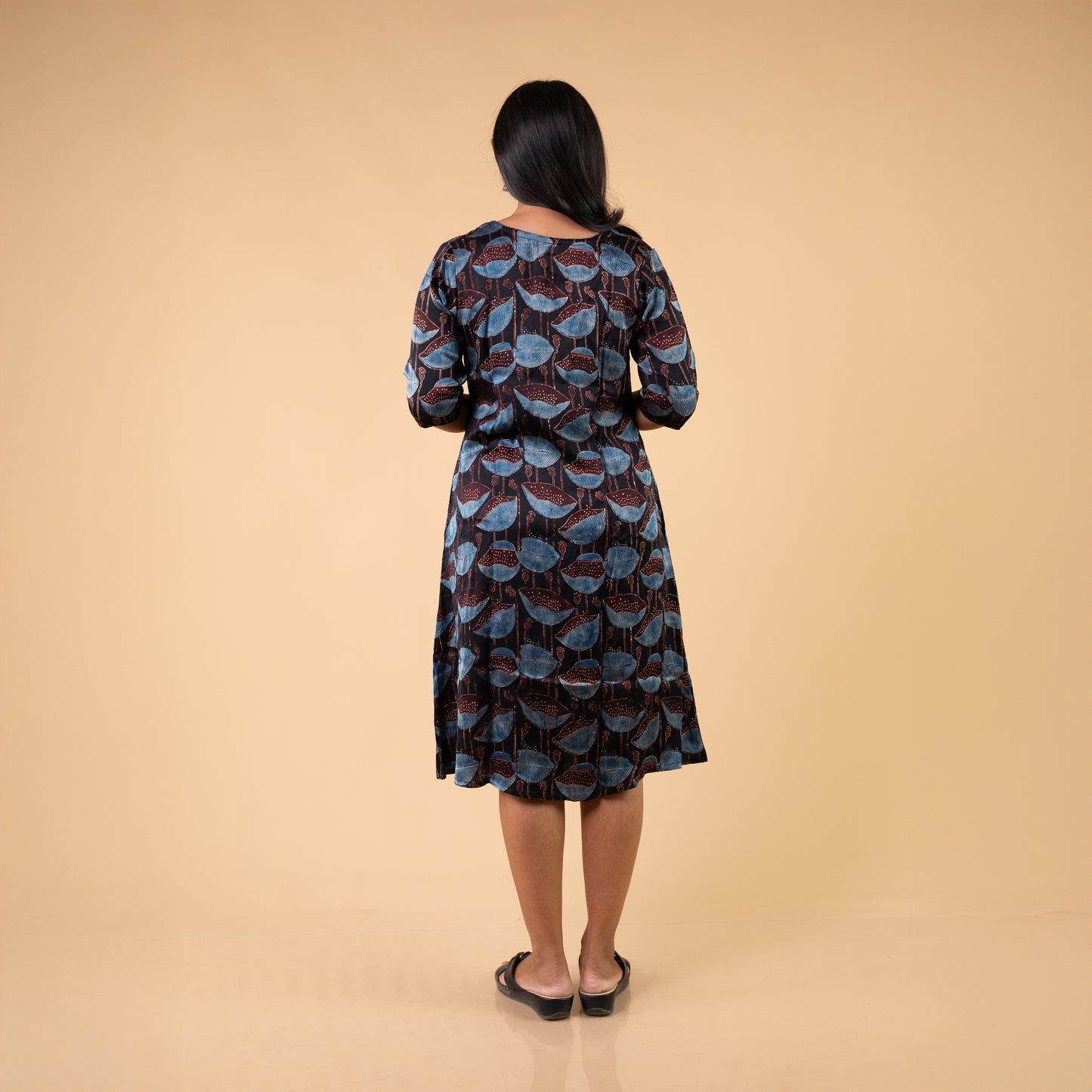 Ajrakh Black Modal Silk Hand Block Printed Dress