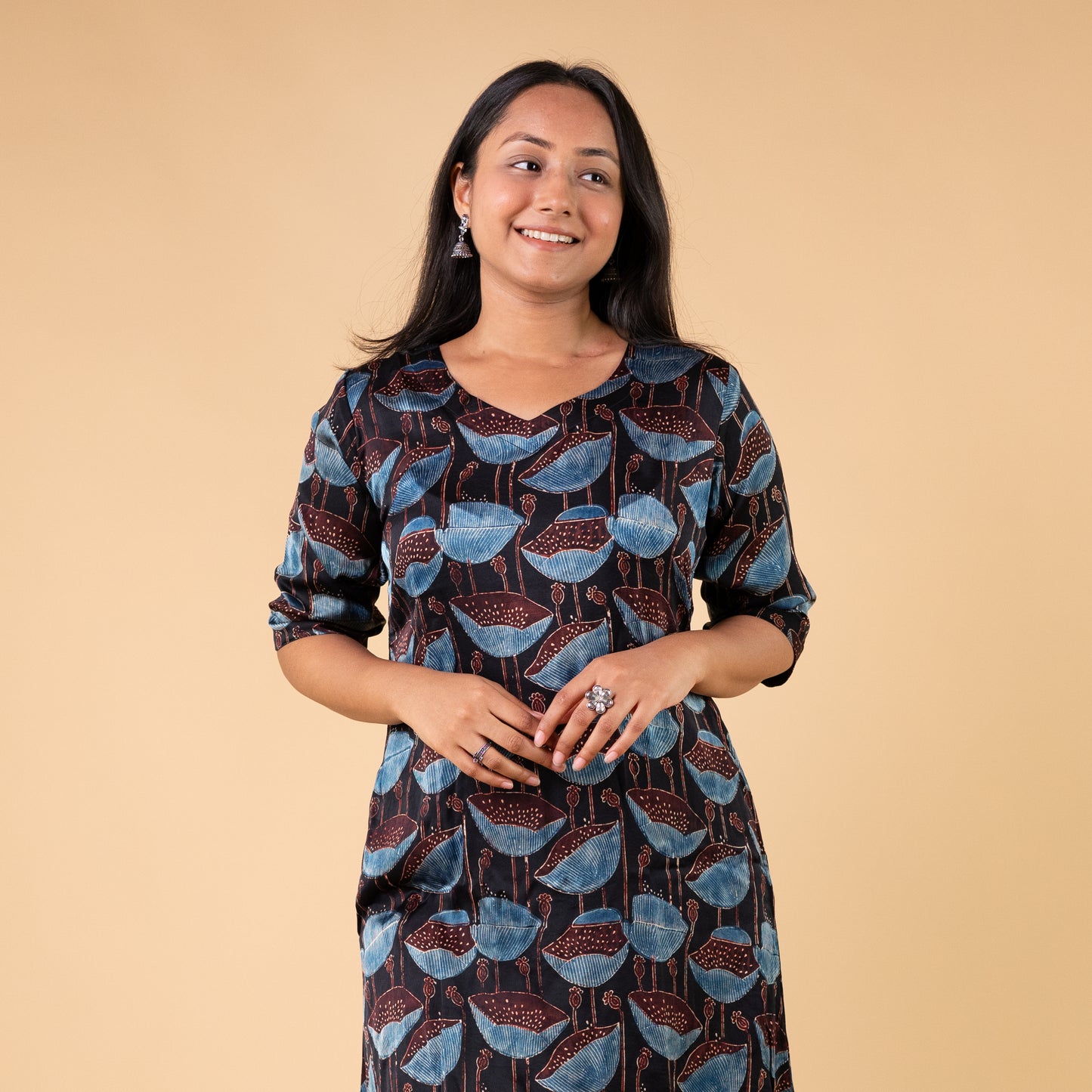 Ajrakh Black Modal Silk Hand Block Printed Dress