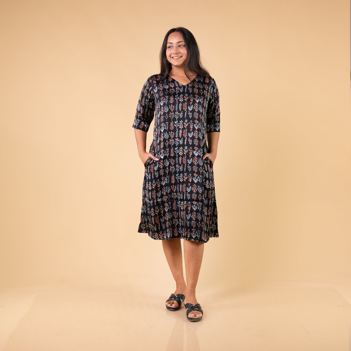 Ajrakh Black Modal Silk Hand Block Printed Dress